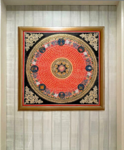 Cadre en trompe-l'œil autour du mandala om mantra tibétain Thangka