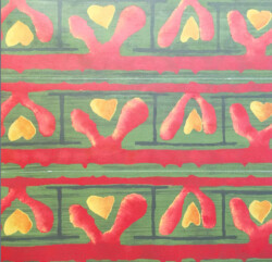 frise rouge ornementale au plafond teinté vert